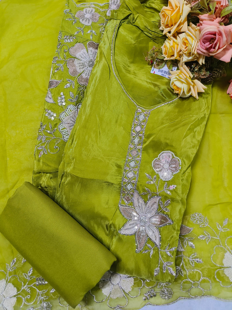 Elegant Midnight Black Silk Unstitched Suit with Intricate Floral Zari Work