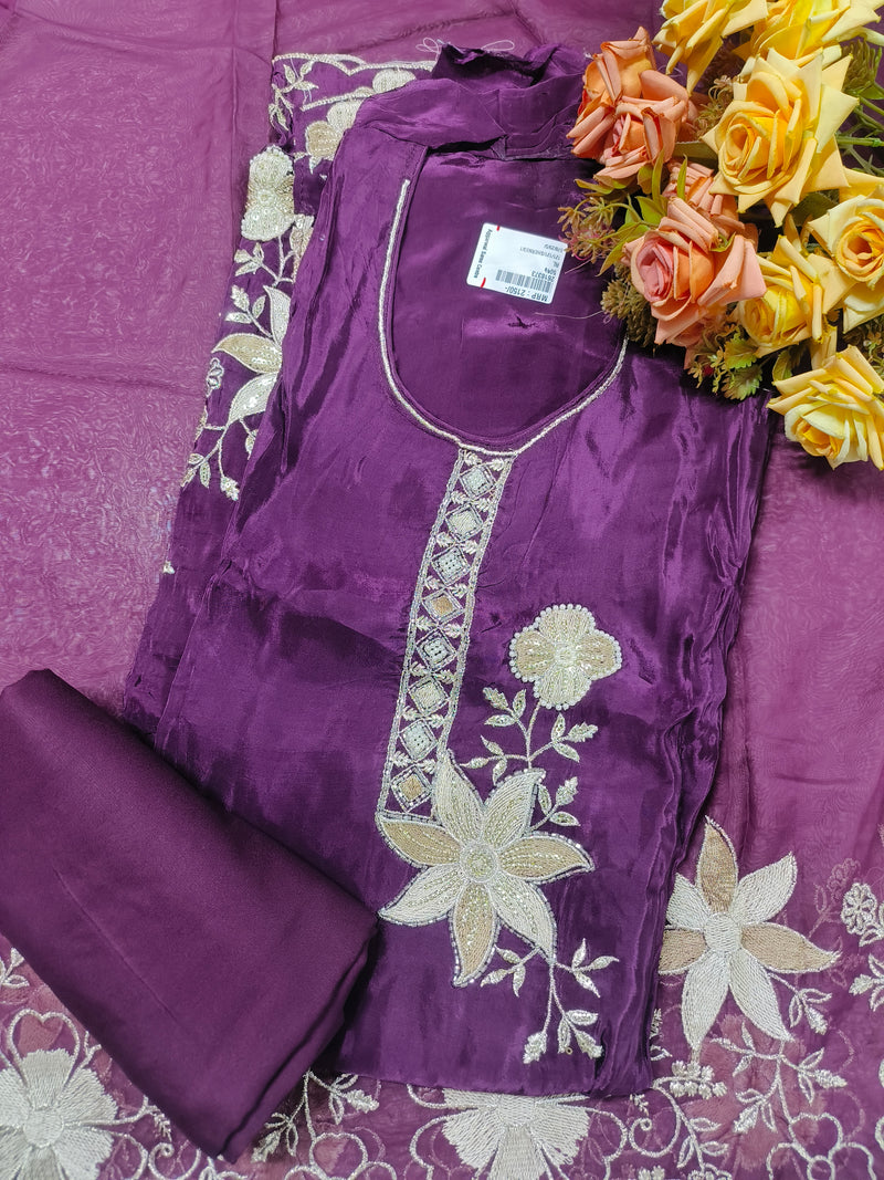 Elegant Midnight Black Silk Unstitched Suit with Intricate Floral Zari Work