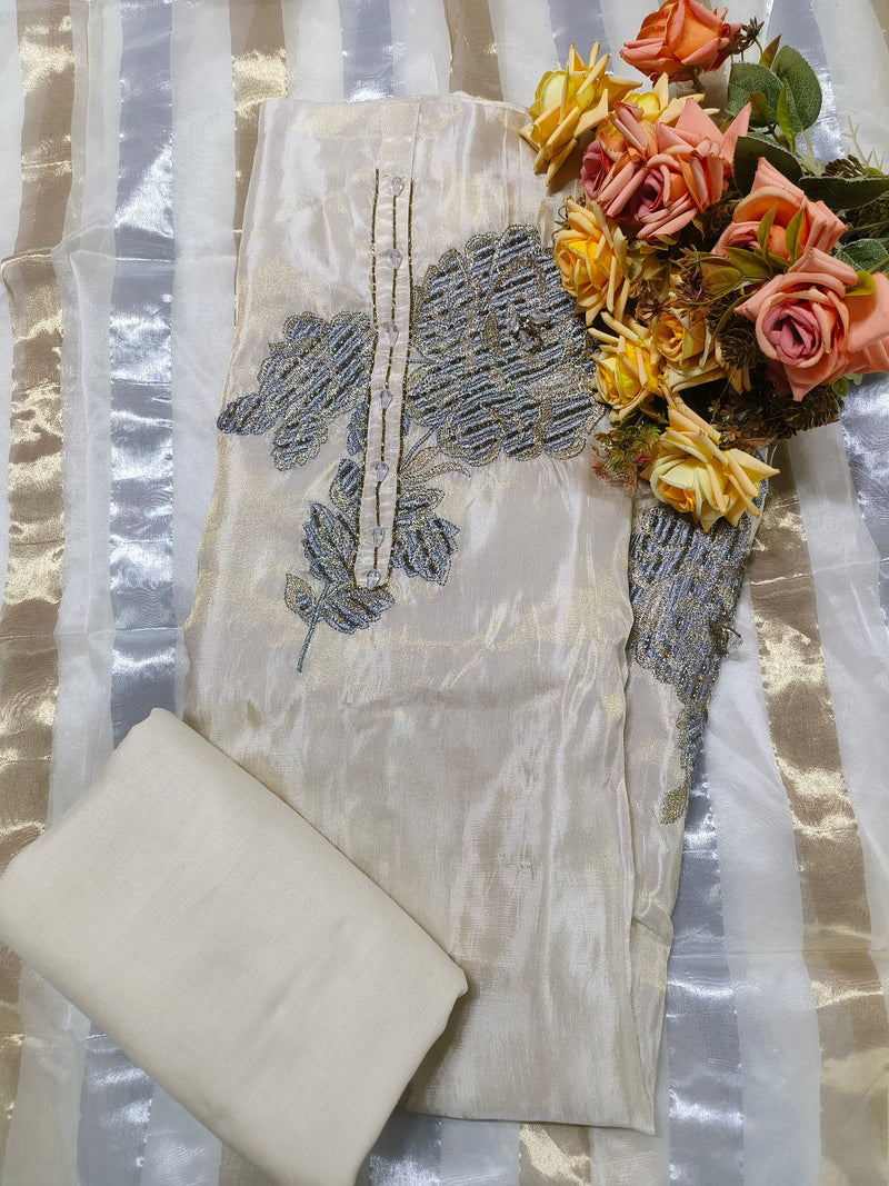 Sophisticated Off-White Silk Suit with Metallic Silver Floral Embroidery