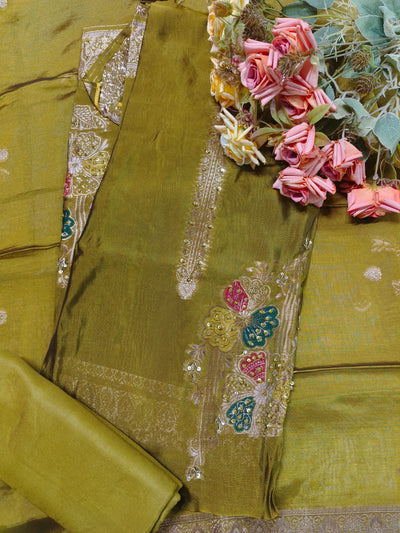 Earthy Olive Green Silk Suit with Vibrant Floral Thread & Sequin Work