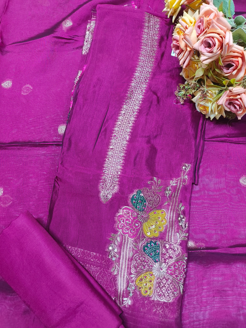 Earthy Olive Green Silk Suit with Vibrant Floral Thread & Sequin Work