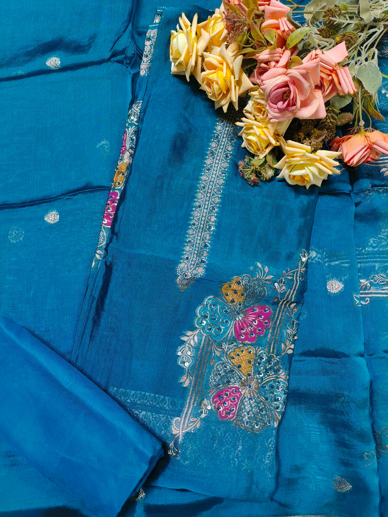 Earthy Olive Green Silk Suit with Vibrant Floral Thread & Sequin Work