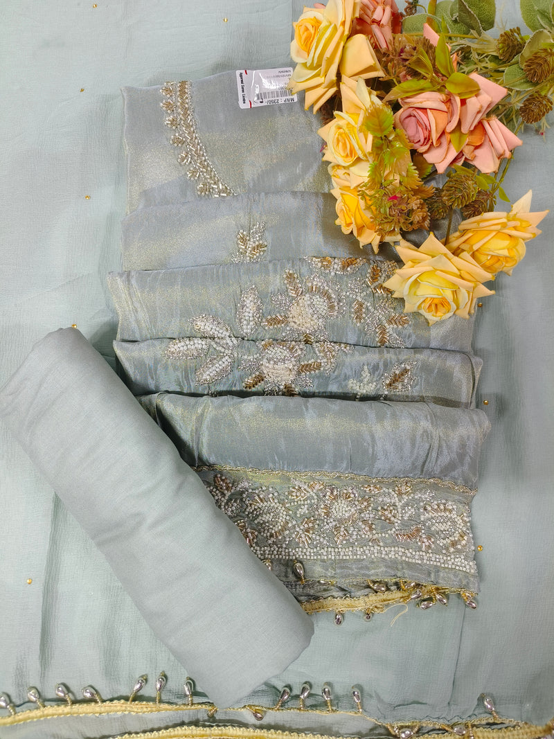 Elegant Metallic Grey Embroidered Fancy Suit Set