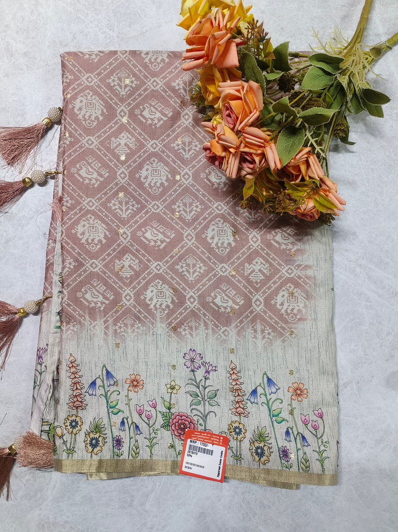 Chic Blush Pink Ethnic Print Saree with Floral Hemline