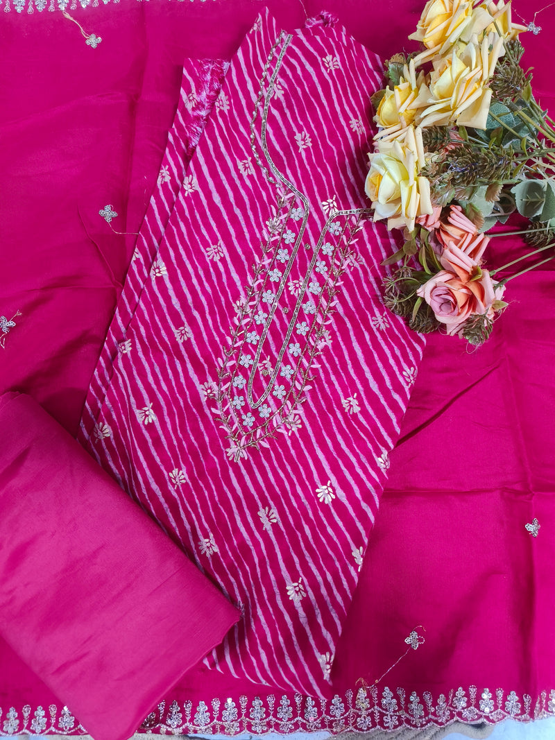 Elegant Fuchsia Striped Salwar Suit with Embellished Neckline
