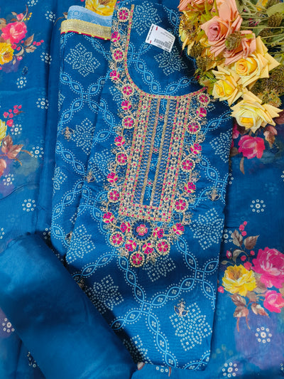 Vibrant Blue Bandhani Print Embroidered Suit