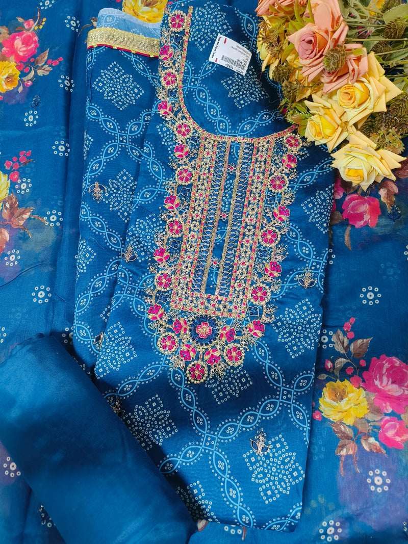 Vibrant Blue Bandhani Print Embroidered Suit