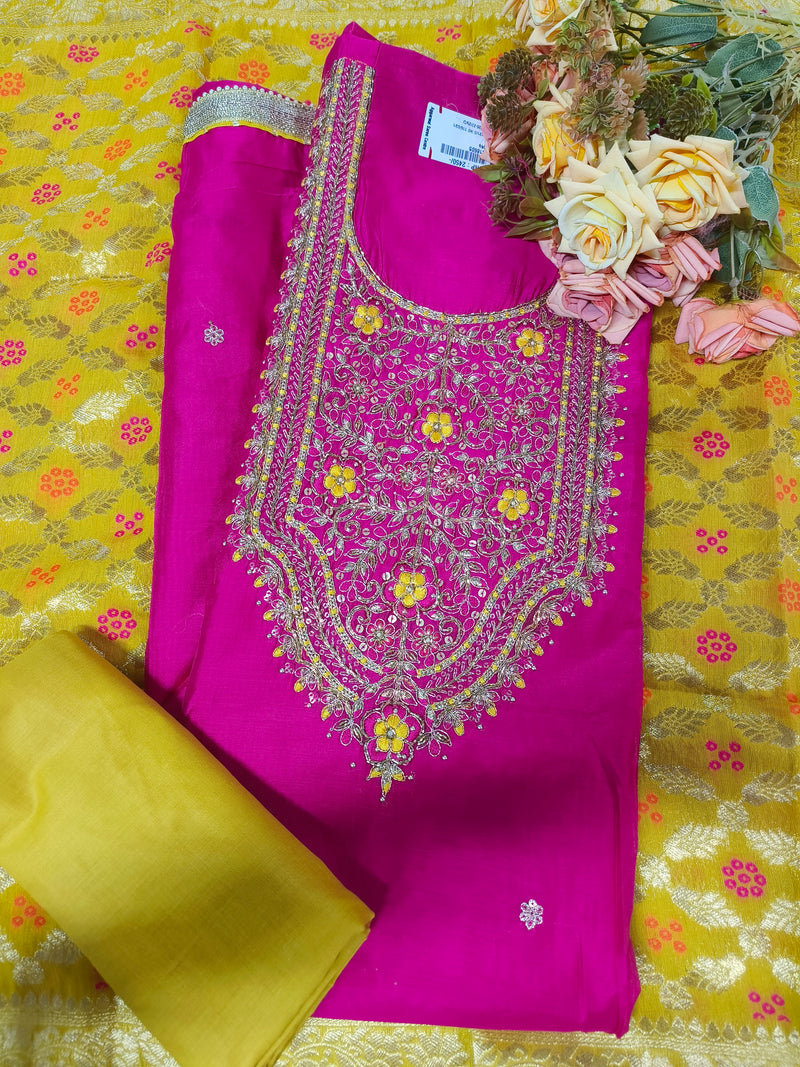 Vibrant Magenta Silk-Look Suit with Golden Thread Embroidery