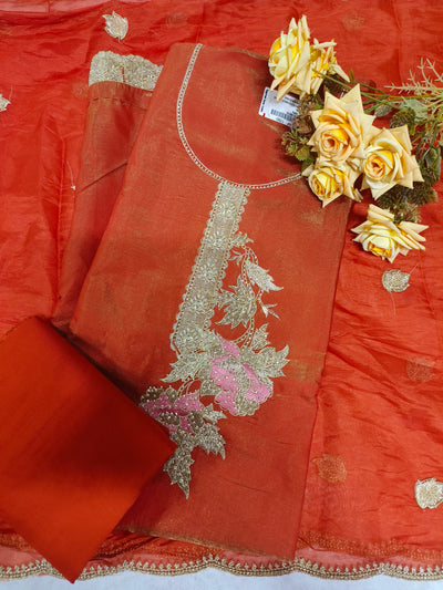 Elegant Burnt Orange Silk Suit with Floral Zari Embroidery