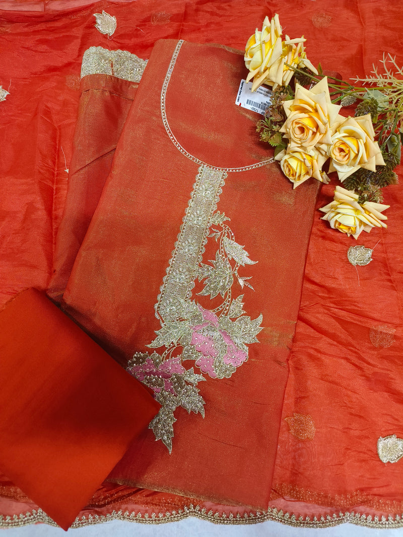 Elegant Burnt Orange Silk Suit with Floral Zari Embroidery