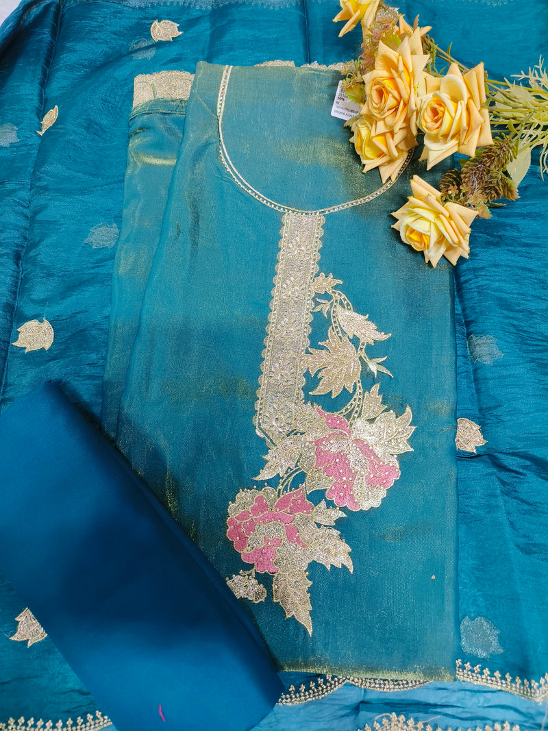 Elegant Burnt Orange Silk Suit with Floral Zari Embroidery