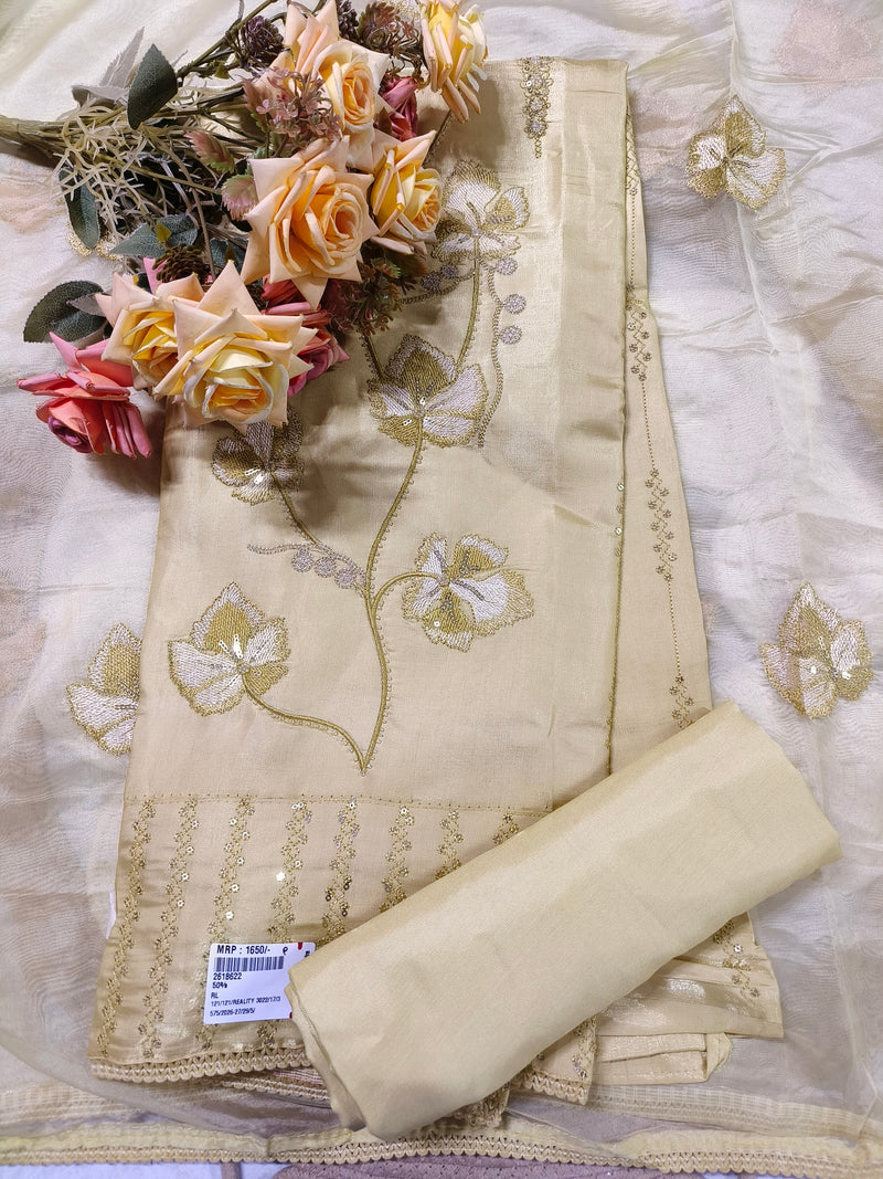 Pristine Off-White Silk Blend Suit with Shimmering Silver Floral Embroidery