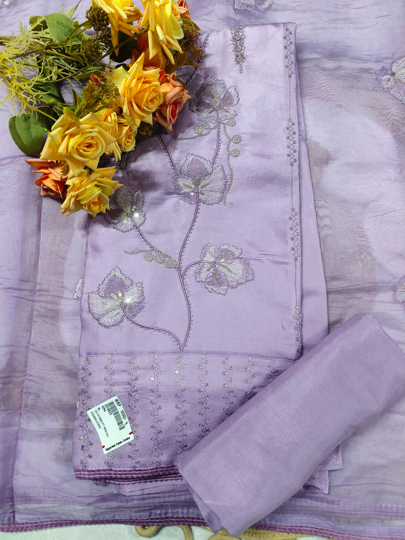 Pristine Off-White Silk Blend Suit with Shimmering Silver Floral Embroidery