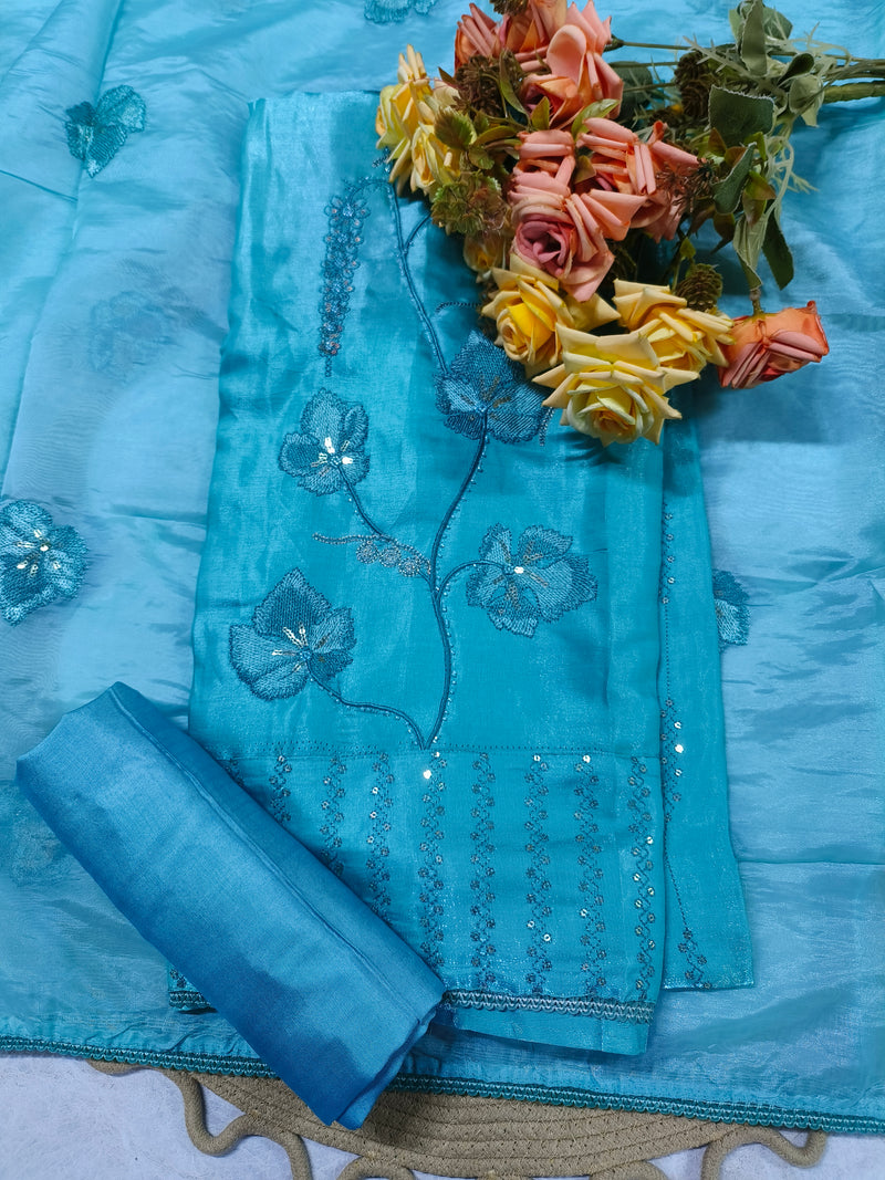 Pristine Off-White Silk Blend Suit with Shimmering Silver Floral Embroidery