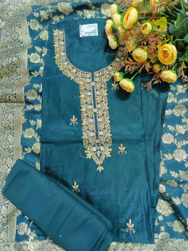 Elegant Deep Teal Embroidered Unstitched Suit Set