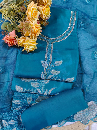 Exquisite Peacock Teal Salwar Suit with Silver Zari Embroidery