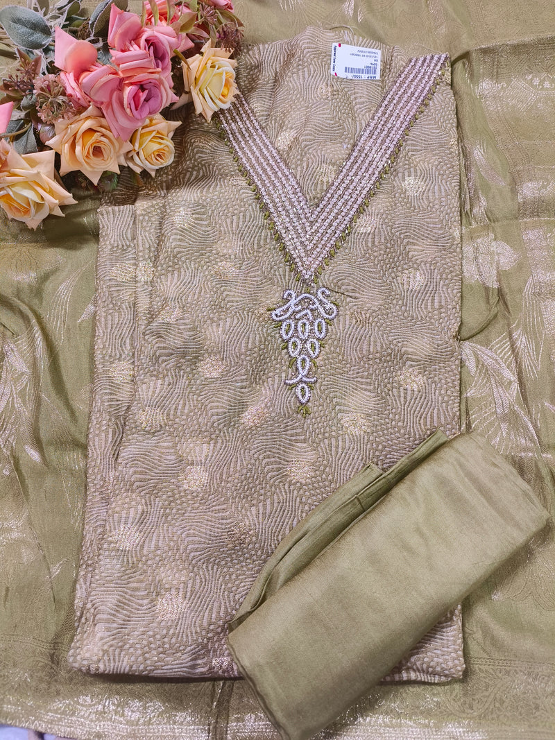 Elegant Sage Green Textured Suit with Beaded Neckline and Pearl Embellishments