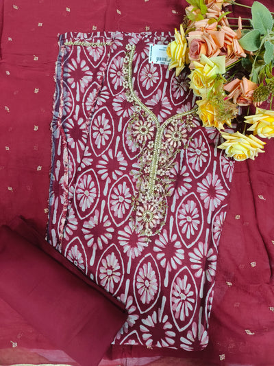 Regal Maroon Floral Print Suit with Intricate Golden Embellishments