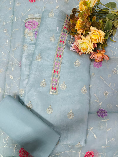 Elegant Powder Blue Embroidered Unstitched Suit Set