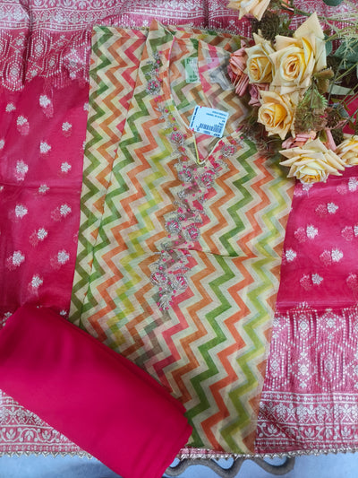 Chic Chevron Striped Embroidered Ethnic Suit