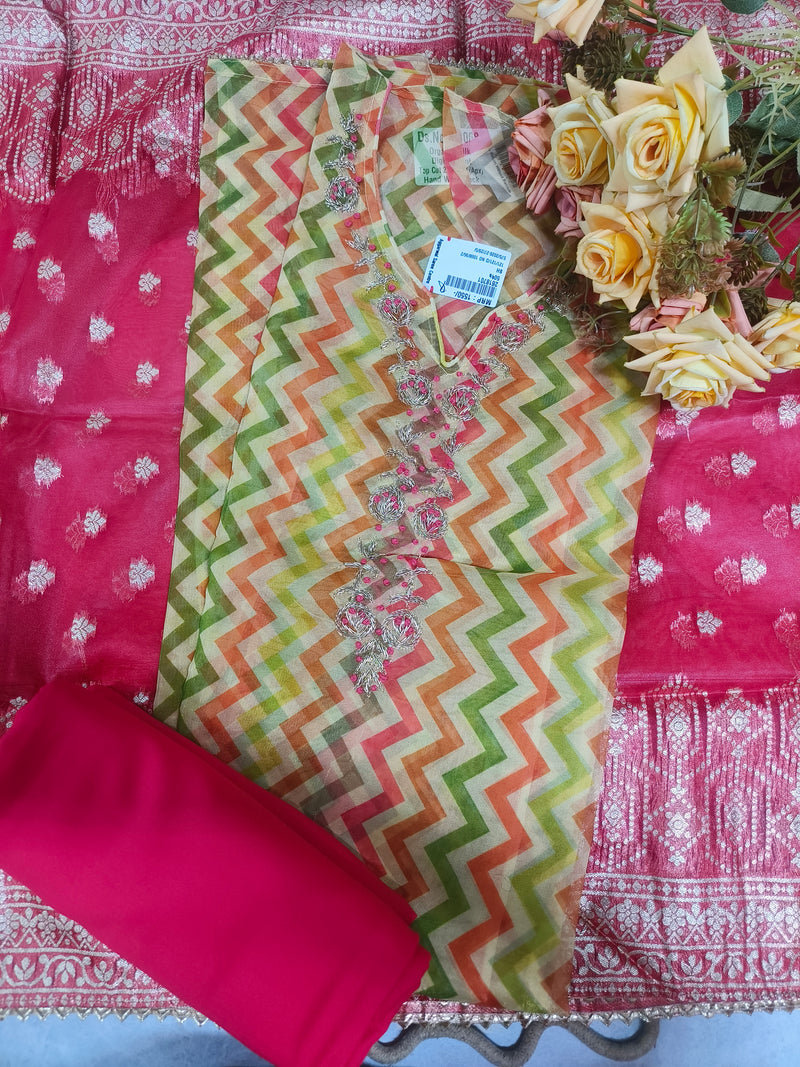 Chic Chevron Striped Embroidered Ethnic Suit