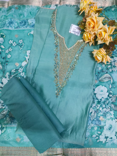 Chic Sea Green Silk Suit with Exquisite Stone Embellishments