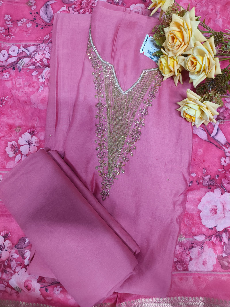 Chic Sea Green Silk Suit with Exquisite Stone Embellishments