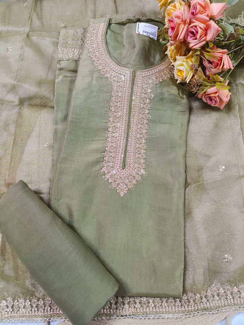 Elegant Olive Green Tissue Silk Suit with Gold Zari Neckline