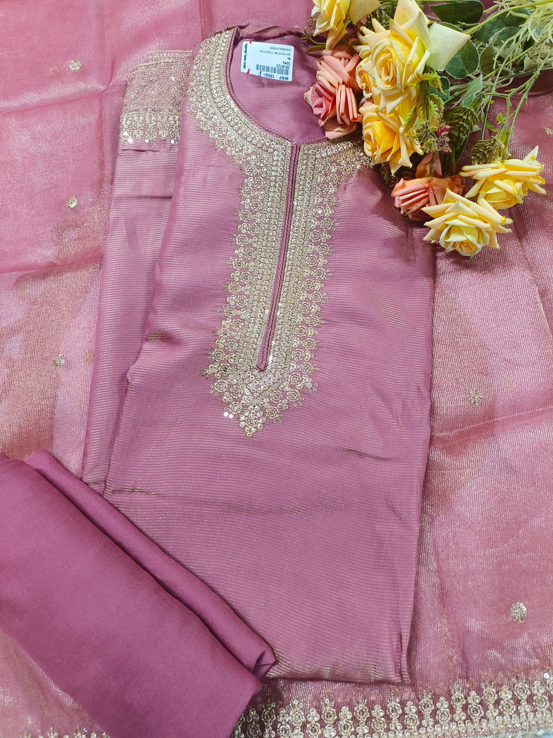 Elegant Olive Green Tissue Silk Suit with Gold Zari Neckline