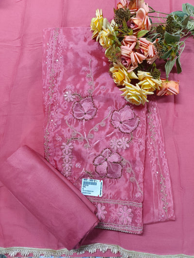 Charming Rose Pink Organza Suit with Floral Threadwork & Sequins