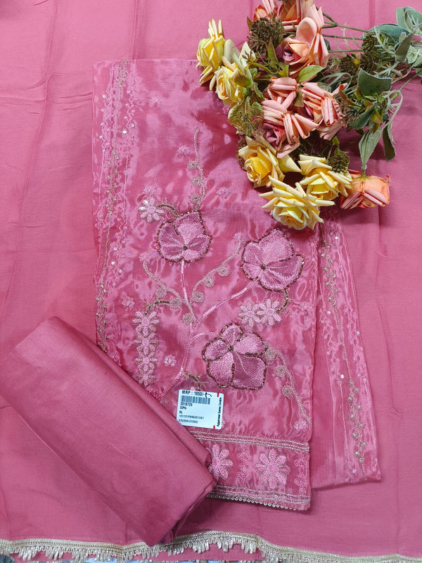 Charming Rose Pink Organza Suit with Floral Threadwork & Sequins