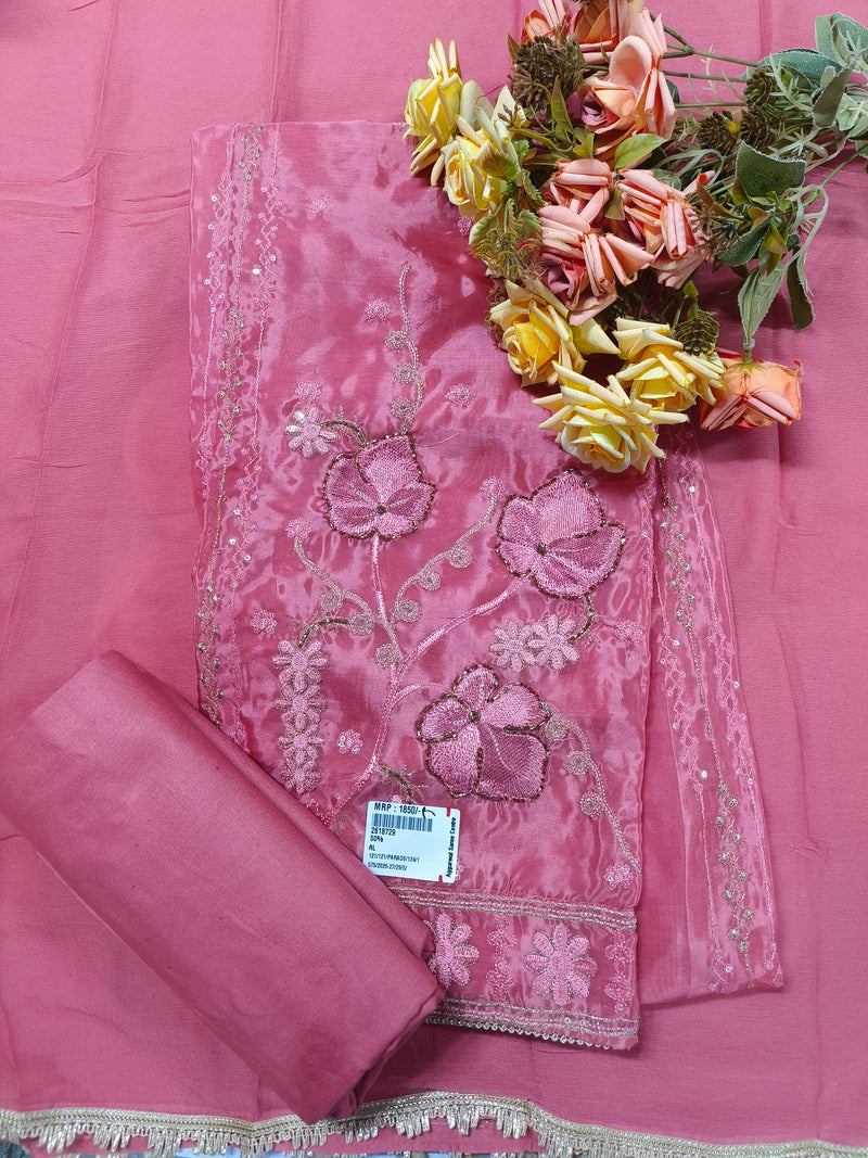 Charming Rose Pink Organza Suit with Floral Threadwork & Sequins