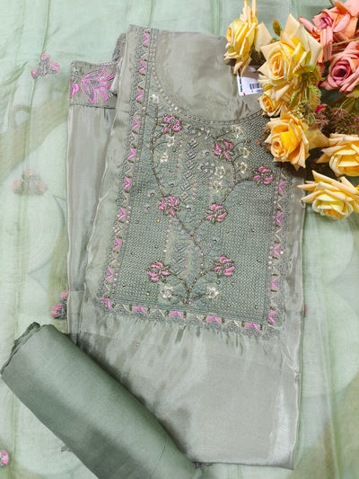 Soothing Sage Green Silk Suit with Pink Floral Embroidery
