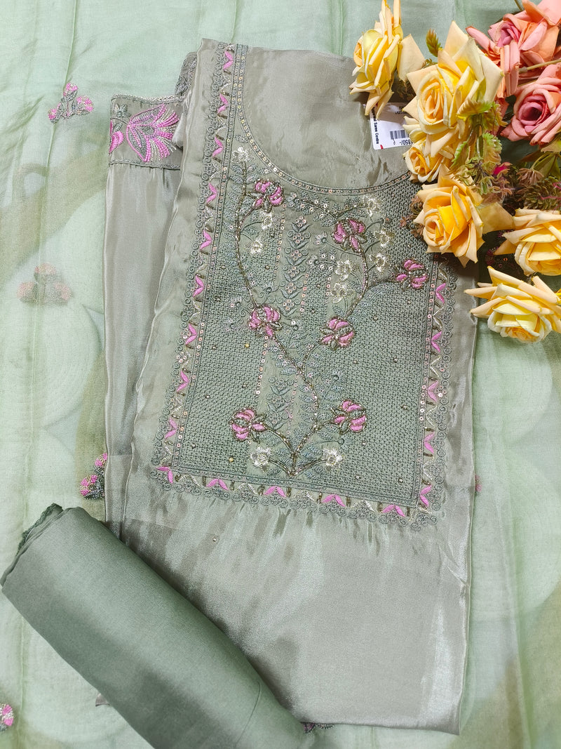 Soothing Sage Green Silk Suit with Pink Floral Embroidery