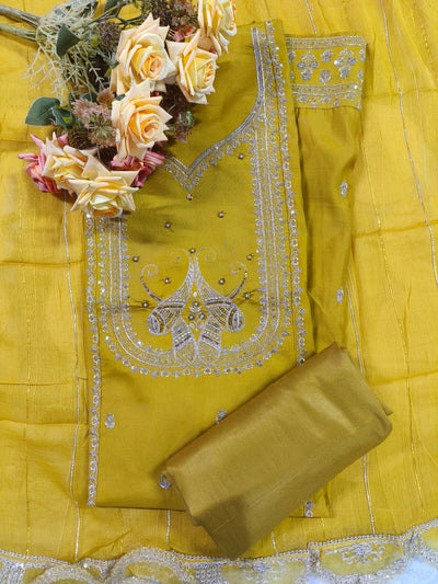 Vibrant Mustard Yellow Zari Work Suit with Peacock Embroidery