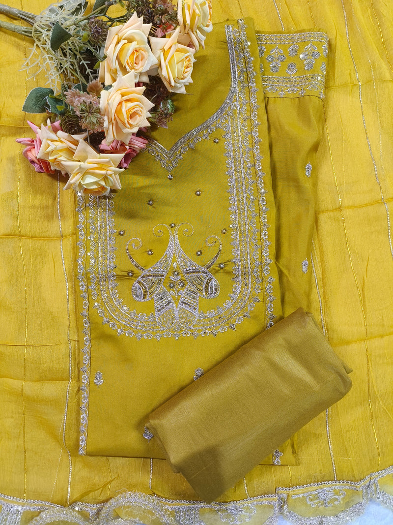 Vibrant Mustard Yellow Zari Work Suit with Peacock Embroidery