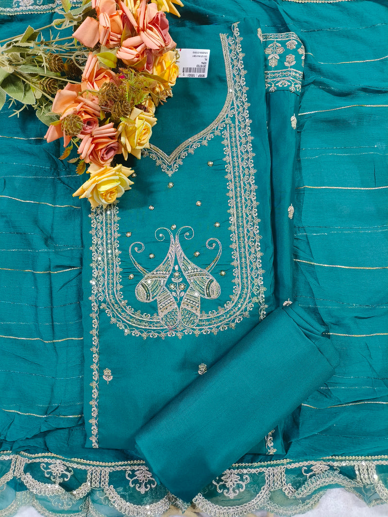 Vibrant Mustard Yellow Zari Work Suit with Peacock Embroidery