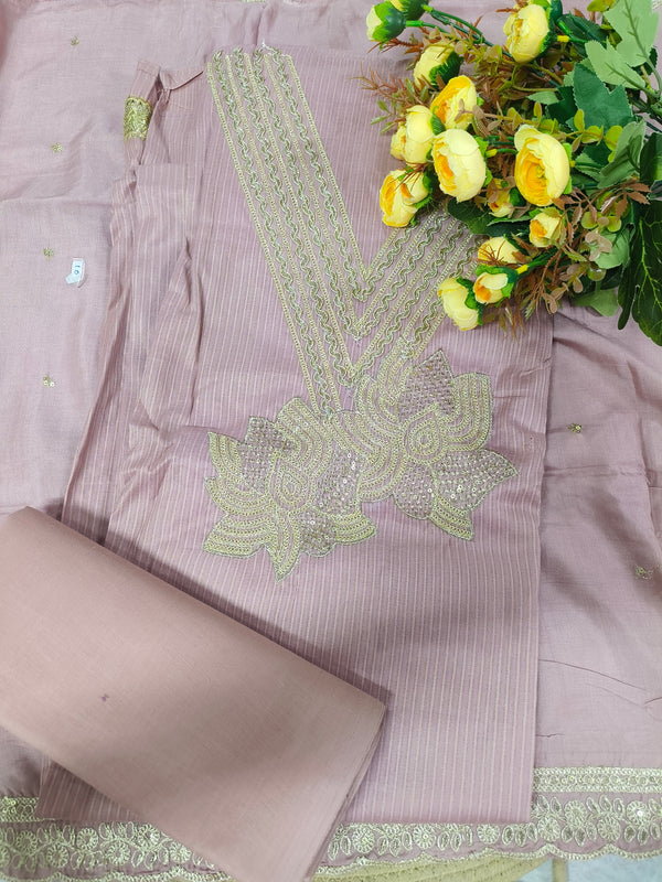 Chic Dusty Rose Striped Suit with Floral Embroidery