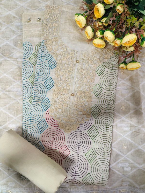 Artistic Beige Geometric Embroidered Suit Set