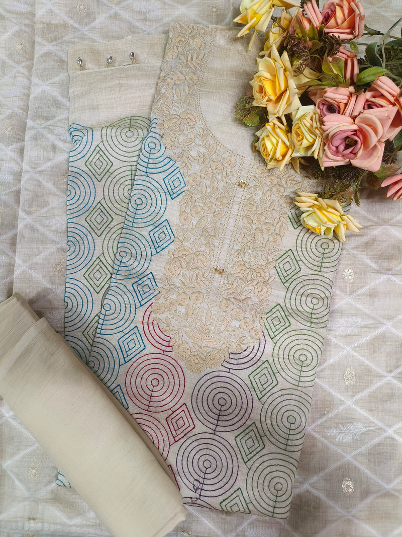 Cream and Multicolor Embroidered Suit Set