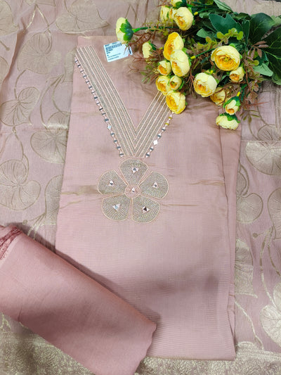 Chic Peach Mirror-Work Unstitched Suit Set