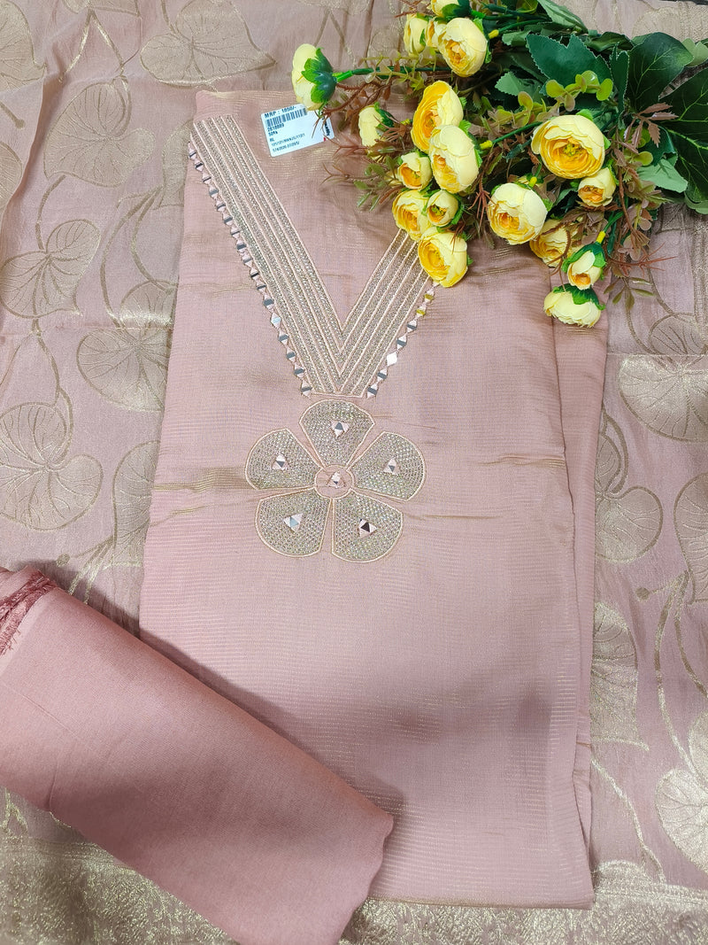 Chic Peach Mirror-Work Unstitched Suit Set