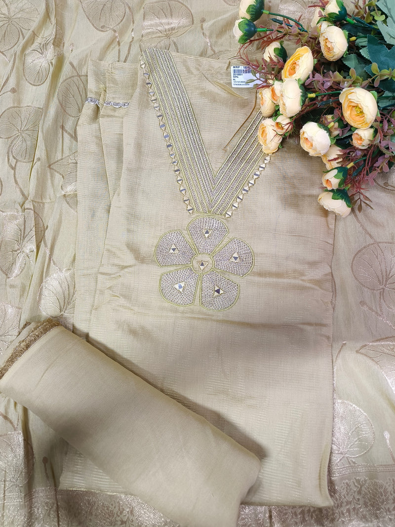 Chic Peach Mirror-Work Unstitched Suit Set