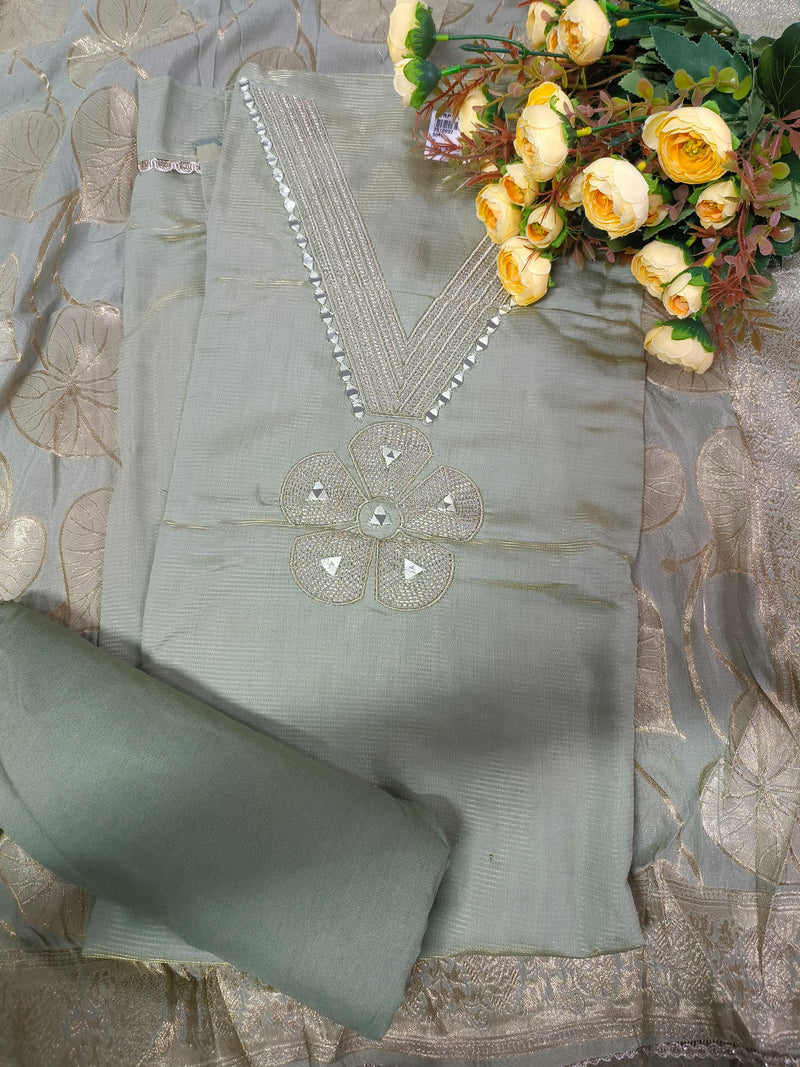 Chic Peach Mirror-Work Unstitched Suit Set
