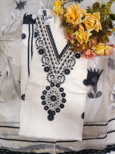Ivory White Suit with Bold Black Floral Embroidery
