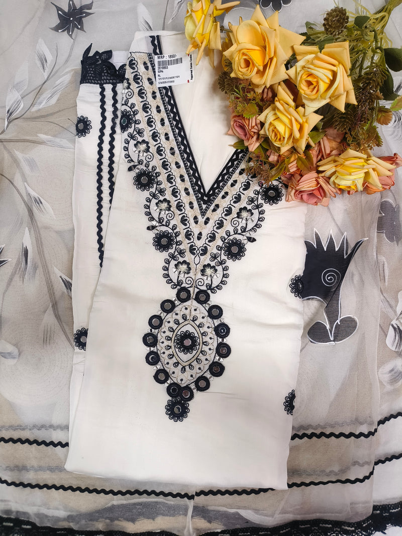 Ivory White Suit with Bold Black Floral Embroidery