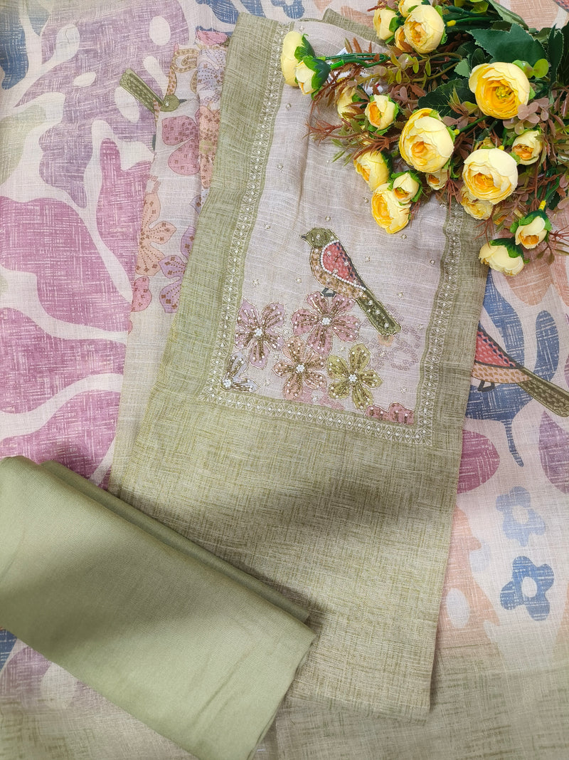 Chic Olive Green Bird Motif Embroidered Suit Set