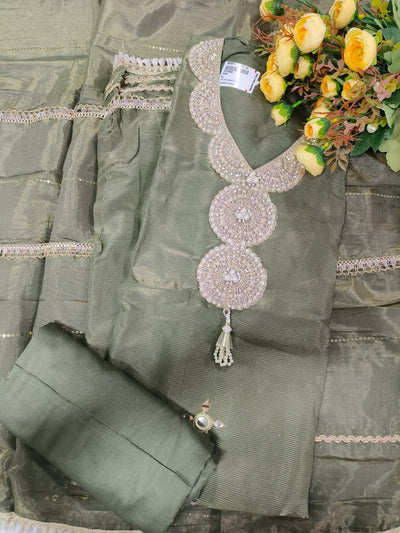 Exquisite Olive Green Mirror-Work Party Wear Suit