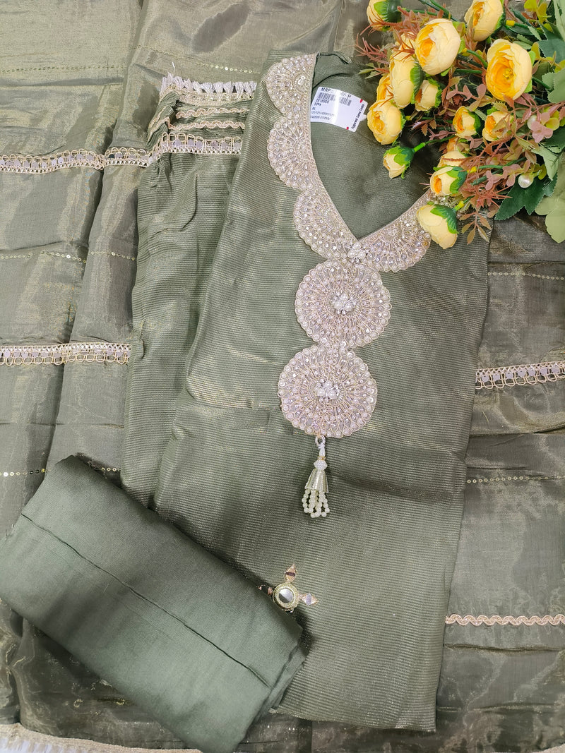 Exquisite Olive Green Mirror-Work Party Wear Suit