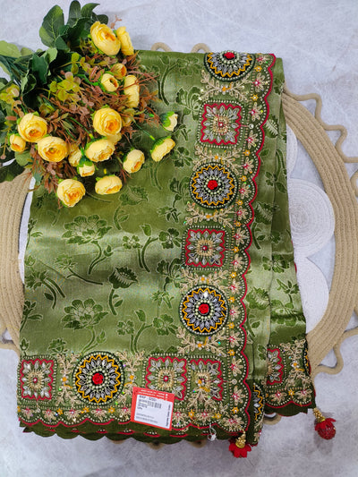 Elegant Olive Green Floral Brocade Saree with Heavy Zari Border